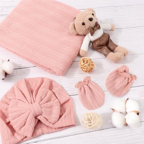 Image of DRESHOW BQUBO Newborn Receiving Blankets Cotton Warm Sleepsack with Mittens & Bow Hats Hospital Baby Swaddling Shower Gift