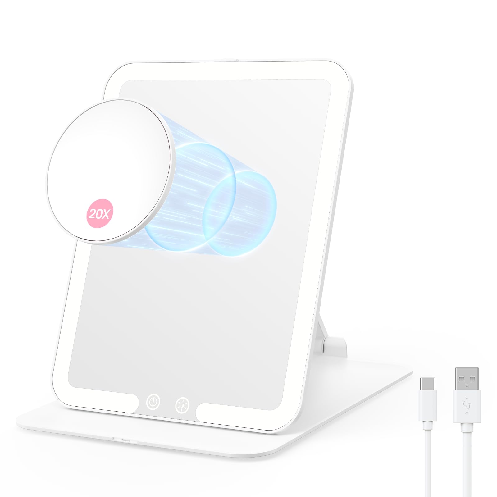 Benbilry Foldable Travel Makeup Mirror with Lights and 20X Magnification, Rechargeable Tabletop LED Vanity Mirror with Adjustable Stand, 3-Colored