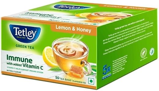 Tetley Lemon &amp; Honey Flavored Green Tea, Immune with Added Vitamin C, 50 Tea Bags (1.4g Each)