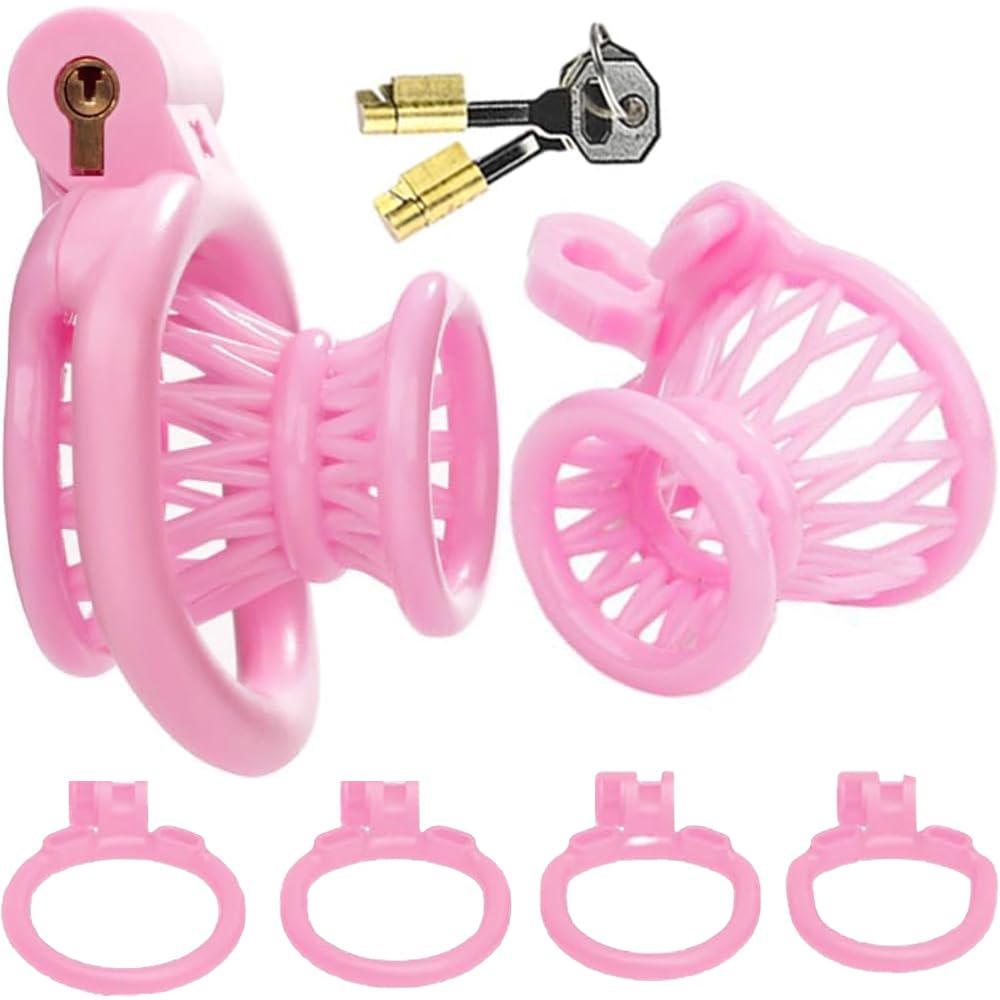 Pink Male Inverted Cock Cage Chastity Device Small Negative Comfortable Chastity Devices with 4 Active Rings Inverted Fish Trap Bondage for Men Gay Transgender Penis Exercise Adult Sex Toys