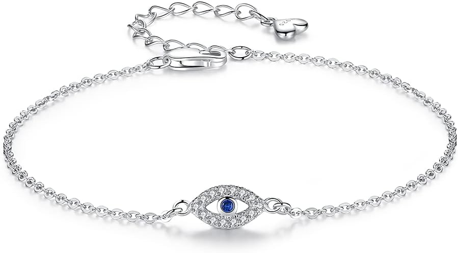 Hamsa Evil Eye Bracelet 925 Sterling Silver Cubic Zirconia Anklet for Women Chain Adjustable 6.3in+1.6in