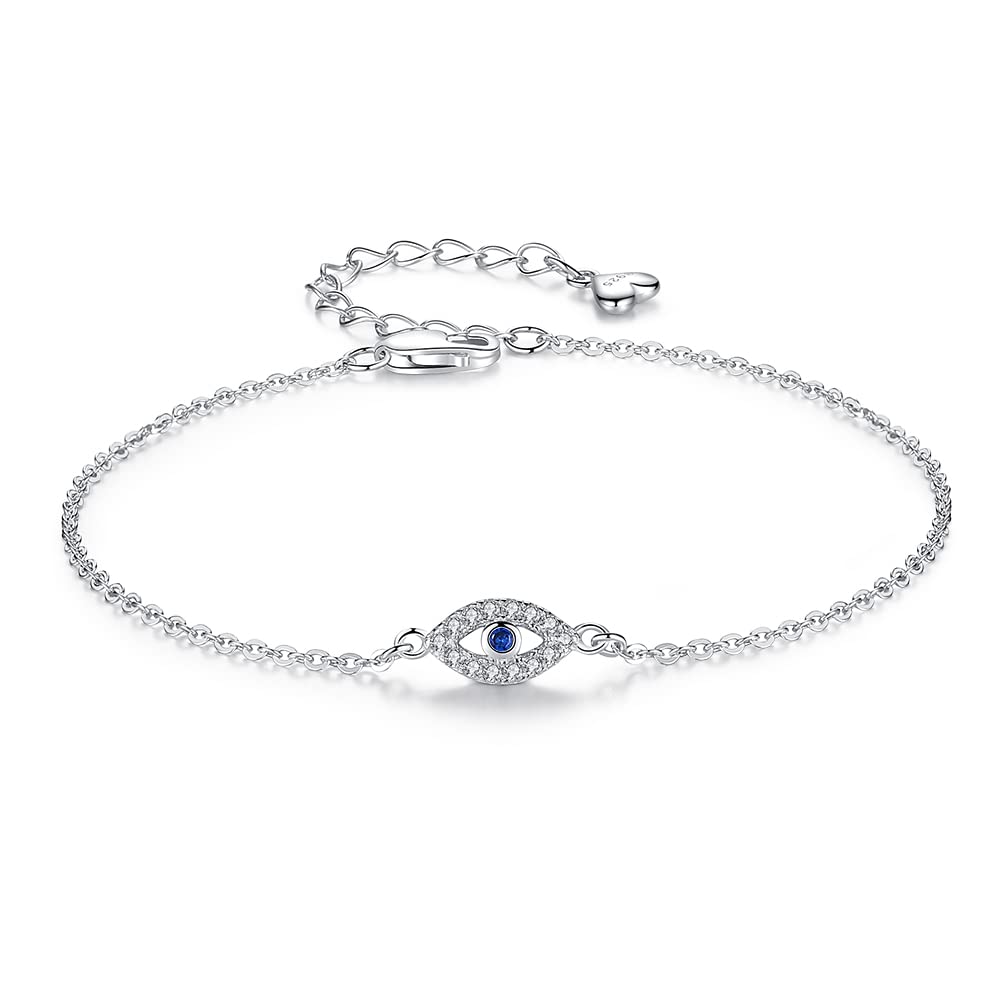 Kaletine Hamsa Evil Eye Bracelet 925 Sterling Silver Cubic Zirconia Anklet for Women Chain Adjustable 6.3in+1.6in