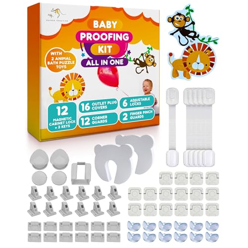 Baby Proofing Kit 67pcs All in One Includes Magnetic Cabinet Locks for Baby Proofing, Corner Bumper Protectors, Child Safety Strap Locks, Power Point Outlet Covers, Finger Pinch Guards & Bath Toys