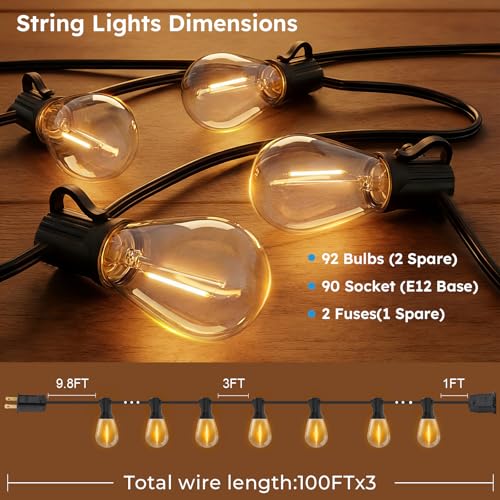GvvooHome LED Outdoor String Lights, 300FT Waterproof Patio Lights with 92 Shatterproof S11 Plastic Bulbs, 2700K Warm White Edison Hanging Lights for Backyard, Garden, Porch, Bistro by GvvooHome - Image 6