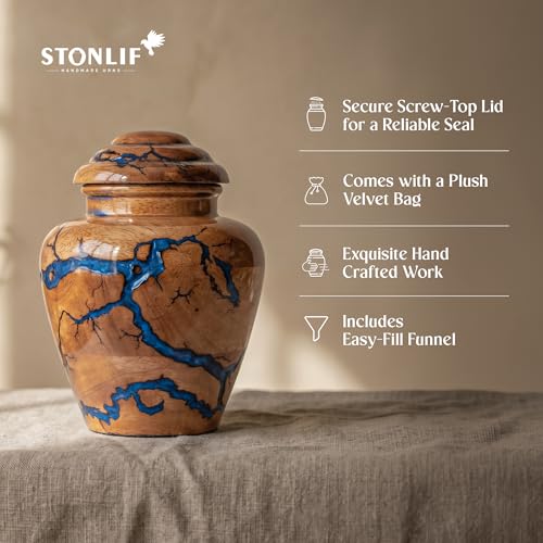 Image of Small Keepsake Urn for Human Ashes Adult - Handcrafted Wooden Mini Urn (20 Cubic Inches) - Blue Decorative Memorial Cremation Urn for Men & Women - Keepsake Urns for Sharing Ashes