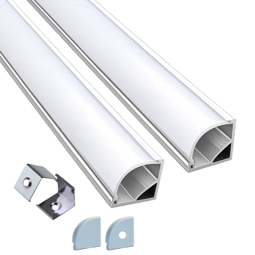 16x16MM Corner Profile 3.3FT 1M V Shape LED Aluminum Channel with Milky Diffuser Cover End Caps Mounting Kit Easy Cut Curved Lens for Clean Lighting Setup Without LED Strip (Pack of 2)-image-31