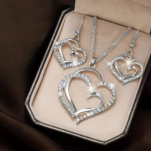 4PCS/Pack Luxury Double Heart Jewelry Set for Women, Hollow Big & Small Heart Crystal Zircon Necklace Earrings Bracelet Set, Elegant Gold Wedding Jewelry Valentine's Day Gifts - Image 2
