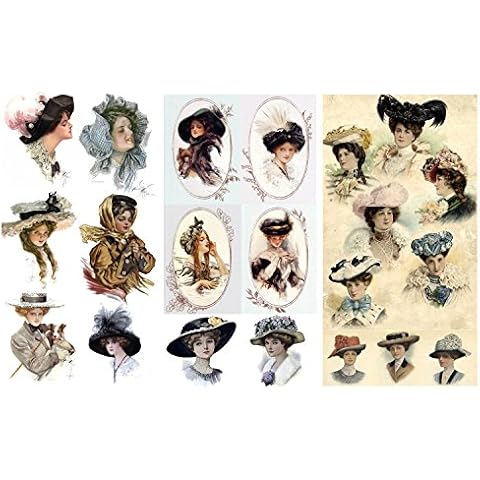 Decoupage Paper Pack (12 Sheets A4 / 20x30cm) Victorian Lady Hats FLONZ Vintage Ephemera Cover