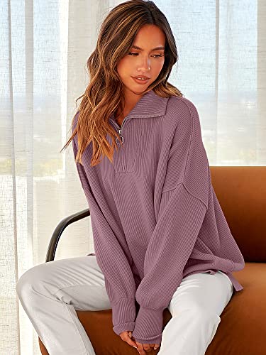 Image of ANRABESS Womens Oversized Quarter Zip Pullover Sweaters | Fall Fashion Outfits, Long Sleeve Slit Side, Baggy Loose Fit, 1 /4 Zip Lapel Collared, Ribbed Knit Soft Warm Winter Clothing