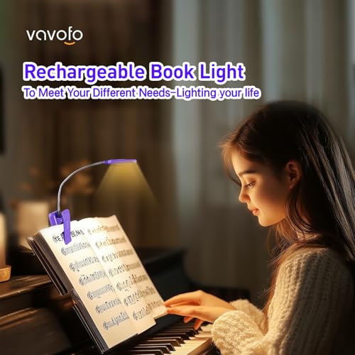 Image of VAVOFO Rechargeable Book Light for Reading in Bed Kids, 7 LED Reading Light with 9-Level Warm Cool White Daylight, Eye Care Lamp with Power Indicator for Bookworms (Dark Purple)