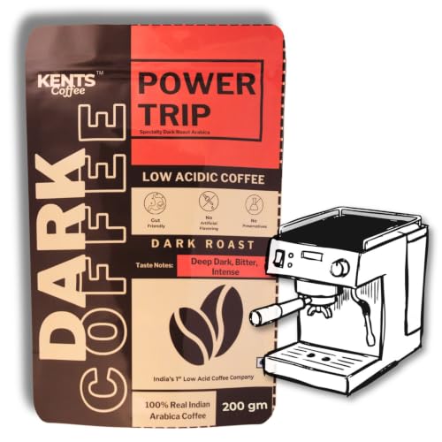 Image of Kents Coffee Power Trip - Dark Roast Coffee (Fine Grind) | LOW ACIDIC COFFEE | Taste Strong, Deep Dark, Intense | Perfect for Home Espresso Machines | 100% Indian Arabica | Washed Arabica | Chikmangalur Single Estate Beans | Freshly Roasted Beans | 200g Pack