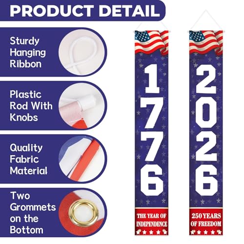 4th of July Patriotic Porch Banners Decorations for Independence Day, 1776 2026 Hanging Door Sign 250th Anniversary USA Decor 71x11 Inches Banner Flags Home Front Wall Fence Outdoor Indoor, 2 Pack