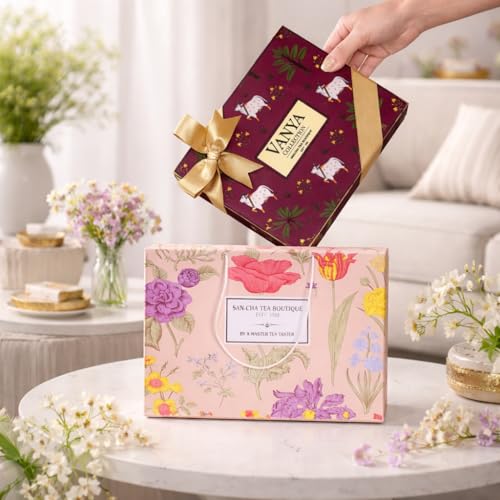 Image of Sancha Tea Boutique, Vanya Collection, Tea Gift Box, Roasted Darjeeling & Masala Chai, 50g x 2 Loose Leaf Teas, Premium Indian Gift Hamper