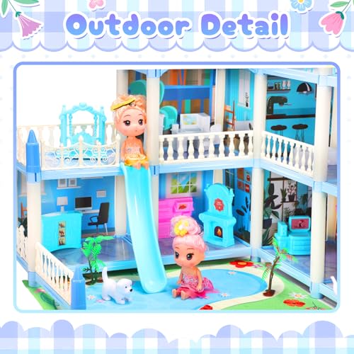 Image of AmiDear Dollhouse with 4-Story 11 Rooms, Dream Gift Princess Doll House Playset with Furniture, Blue Toddler House with Pool Slide for 3 4 5 6 7 8 9 10 Year Old Girls Kids