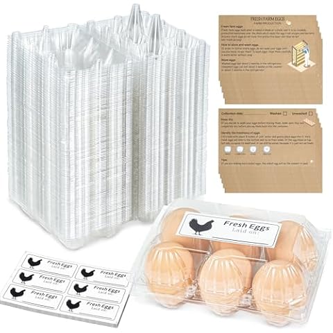 baflovga Egg Cartons Cheap Bulk 100 Pack, Eggs 6 Count, Plastic Egg Cartons Reusable with Egg Handling Instructions and Stickers, Half Dozen Eggs for Family, Chicken Farm, Market Display, 2x3Grids Cover