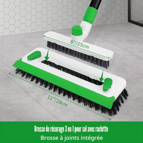 Qaestfy Balais Nettoyer Sol Brosse à Récurer avec Raclette 3 en 1 Joint Carrelage Brosse de Nettoyage avec Long Manche 140 cm pour Terrasse, Patio, Salle de Bain, Cuisine, Carreaux - Vert – vue 2
