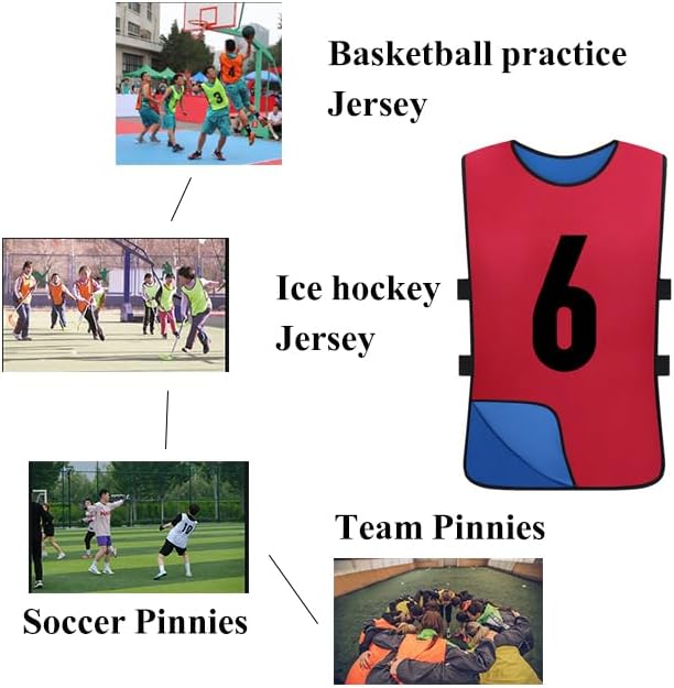 Miniatura 6 de Paquete de 12 pinnies numerados reversibles, chaleco de doble cara, camisetas de práctica en equipo para niños y adultos