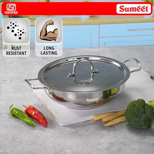 Image of Sumeet ISI Certified Stainless Steel Kadai with Steel Lid & Encapsulated Heavy Bottom |Induction and Gas Compatible | 2.3Ltr Capacity - 24cm Dia, Silver
