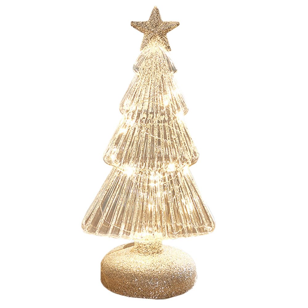 KFZR Christmas Tree Light Up Table Lamp Night Lights Xmas Décor Battery Powered (Glass Christmas Tree Clear -3 AA Batteries Powered)