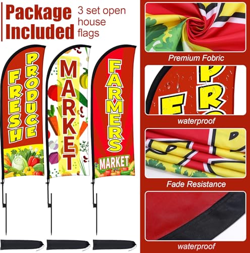 Buryeah 3 Pack 12ft Fresh Produce Farmers Market Feather Flags Banners Advertising Sign Fresh Produce Flag with Flag Pole Ground Stake Portable Bag for Food Advertising Vegetable Business(Red)