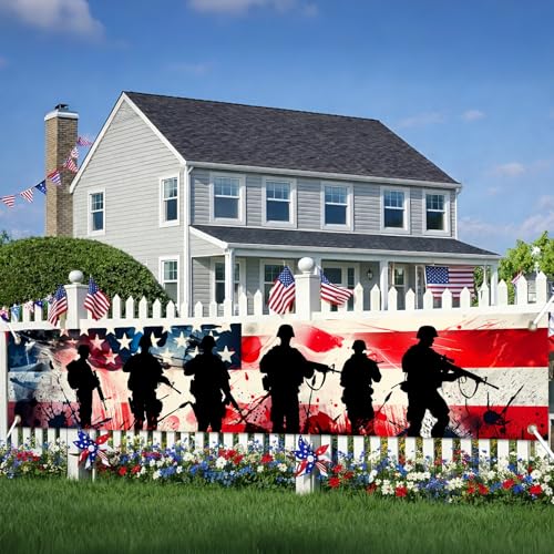 Image of BlissYard Thank You Veterans Banner Patriotic Banner for Outside 118 x 20 Inch 4th of July Memorial Day Veterans Day Backdrop American Flag Outdoor Decorations for Yard Fence Porch