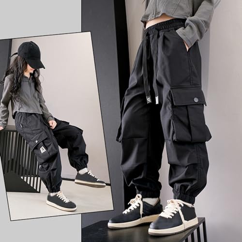 Girls Cargo Pants High Waisted Casual Sweatpants with Drawstring Loose Fit Comfortable Kids Tall Pants with2