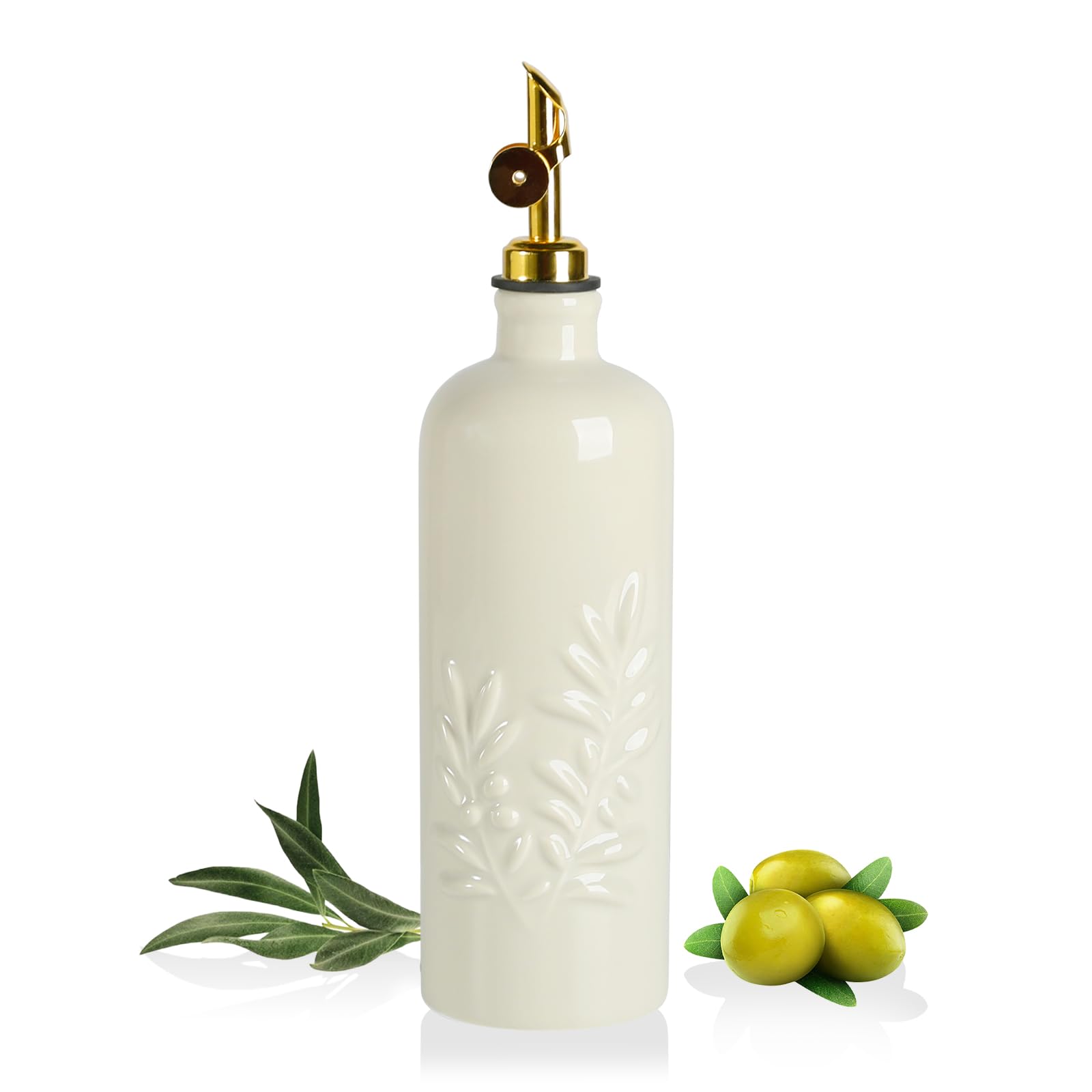 Sweejar Home Beige 530Ml Oil Dispenser For Kitchen With Gravity Spout, Ceramic Olive Oil Dispenser Bottle, Relief Opaque Vinegar Container For Evoo, Vinegar, Soy Sauce, Pack Of 1(, Gold Spout)