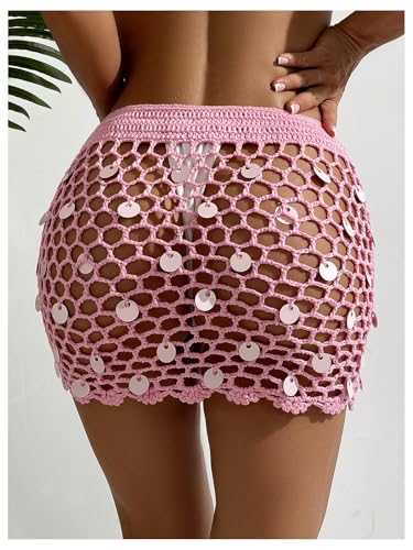 SHENHE Women's Crochet Bikini Cover Up Sequin Hollow Out Beach Mini Skirt Swimsuit Cover Ups2