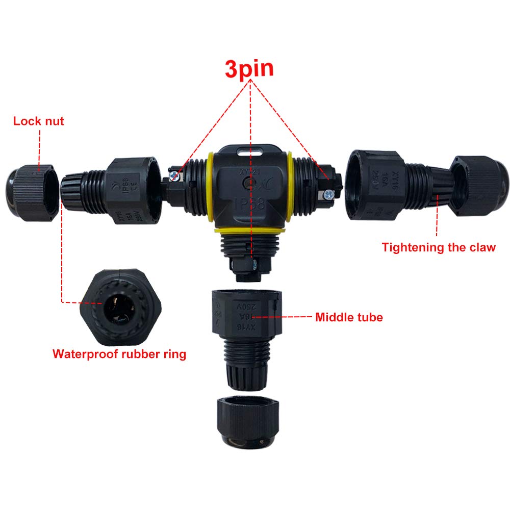 Image secondaire de QitinDasen 2 Pièces T-Forme 3 Voies Extérieur Étanche Câble Connecteurs, Connecteur de Câble Extérieur Imperméable IP68, pour Di