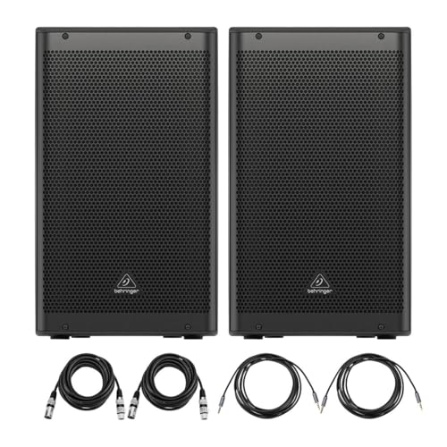 Behringer DR112DSP Active 1200W 12" PA Speaker System, 2-Pack, Bundle with 2x 15' Value Series XLR M to F Cable and 2x 10' Auxilary Cable
