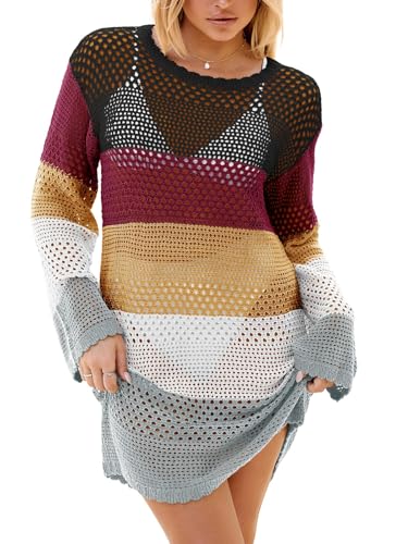 Langwyqu Womens Summer Crochet Swimsuit Coverup Long Sleeve Crewneck Color Block Bathing Suit Swimwear Cover Ups Beach Dress