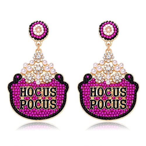 Halloween Hocus Pocus Cauldron Beaded Dangle Earrings For Women Statement Handmade Funny Costume Party Earrings Holiday Festive Jewelry Gifts Black Purple