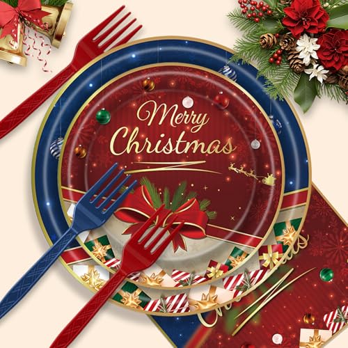 122 PCS Christmas Party Supplies Serve 24 Guests Merry Christmas Plates and Napkins Party Decorations Disposable Dinnerware Set Decor Red and Blue – Image 4