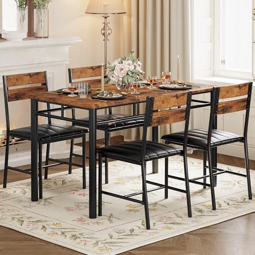 IRONCK Dining Table Set for 4, Wood Kitchen Table with Upholstered Chairs for Kitchen Room and Small Spaces (Rustic Brown) — view 8