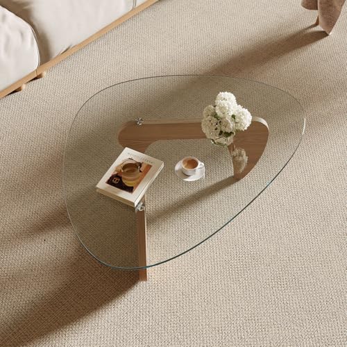 Image of Modern Coffee Table for Living Room and Small Spaces, 35.6 inch x 25.4 inch x 15.8 inch Triangle Tempered Glass Table Top and Solid Wood Base, Natural Wood