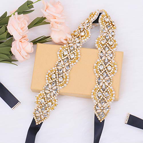 Tendaisy Women's Wedding Belt Crystal Pearls Bridal Sash Rhinestone Dress Belts For Bridal Gowns(Gold-Black) #TOP4