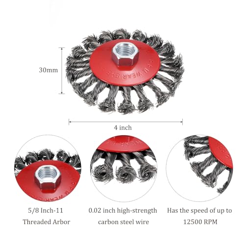 Image of 2 Pcs Twisted Knotted Wire Wheel Brush for Grinder - [4 Inch] Carbon Steel for Paint Stripping Cleaning Rust Abrasive, 5 /8Inch-11 Threaded Arbor, 0.02 Inch Carbon Steel Wire, Red