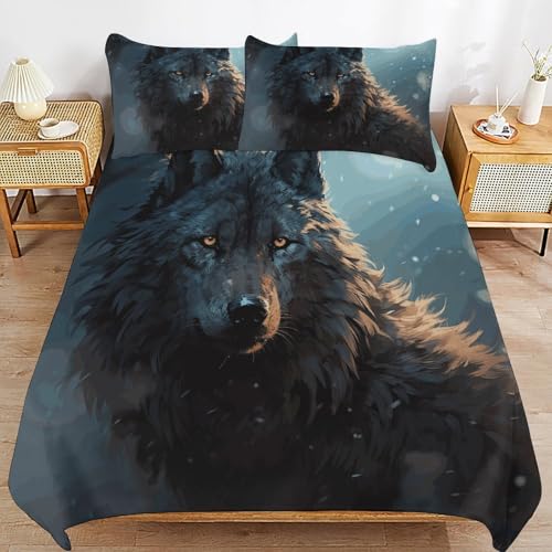 Parure de lit grand lit housse de couette loup et 2 taies d'oreiller