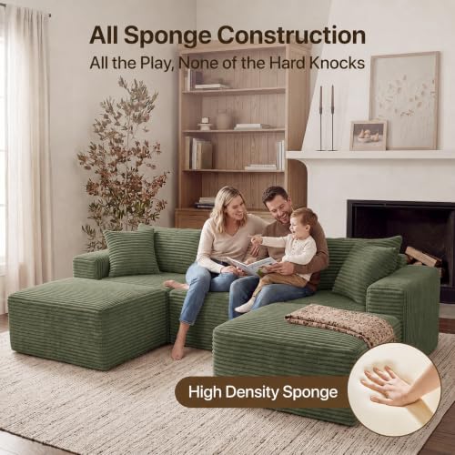 Image of Claiks 104 inch Boneless Couch, U-Shape Corduroy Sectional Sofa, Green