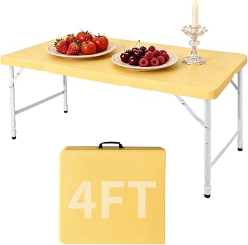 Rakon 4ft Light Yellow Portable Folding Table Indoor&Outdoor Maximum Weight 260LBS Foldable Table for Camping