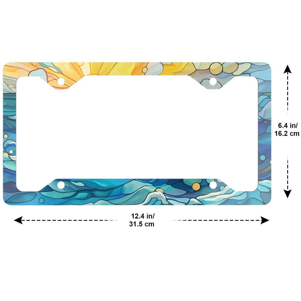 2Pcs Stained Glass Ocean Wave Aluminum Alloy License Plate Holder License Plate Frames with Screw Cap