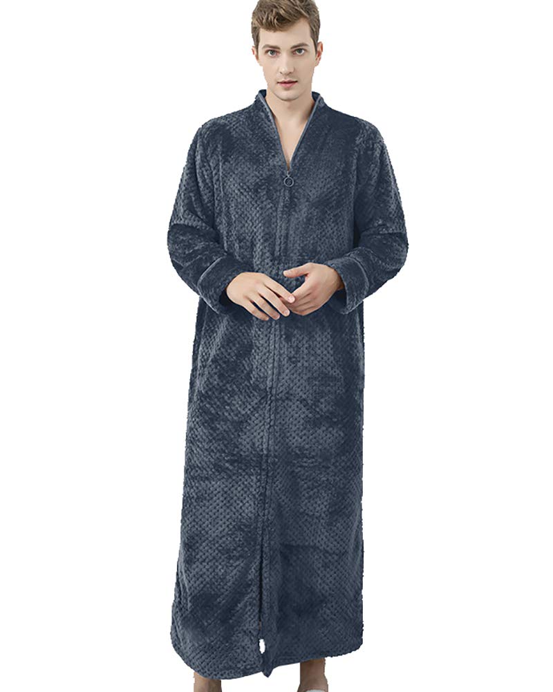 Daoba Men's Bathrobe Premium Flannel Fleece Plush Caftan Soft Long Robe Warm Housecoat Zip Front Man Grey