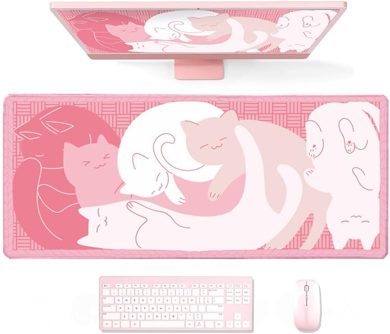Gaming Mouse Pad XXL Extended Anime Mouse Pad 31.5x15.7 inch, Large Cute Kawaii Big Computer Mouse Mat Desk Pad with Non-Slip Rubber Base and Stitched Edge for Home Office-Pink Cat