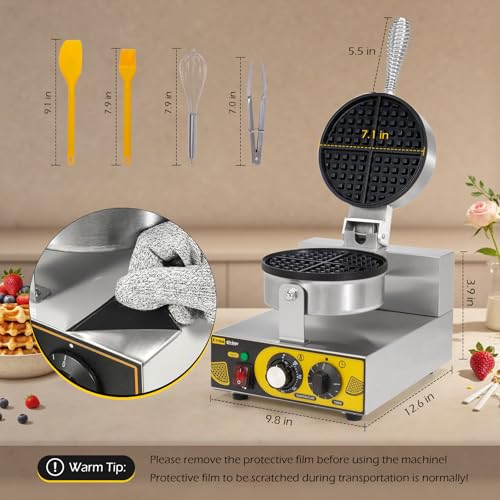 Image of Dyna-Living Waffle Maker Commercial Round Waffle Iron for Restaurant | 1200W Commercial Waffle Maker, Non-stick Professional Waffle Machine, Thicken Stainless Steel Classic Waffle Baker for Home