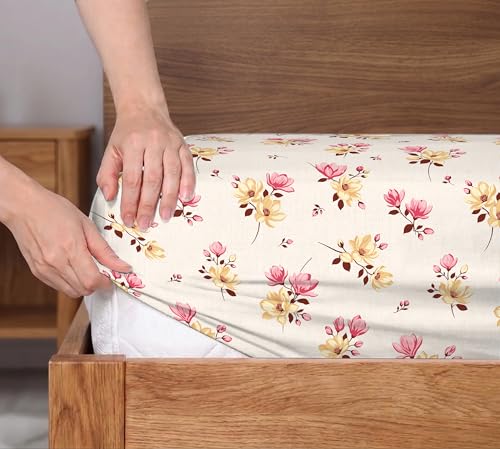Image of Welspun ENZO King Size Fitted Bedsheet with 2 Pillow Covers | 360 Elastic | 100% Pure Cotton | 72 x 79 Inches | Soft, Breathable, Lightweight & Easy Care | Summer Melon