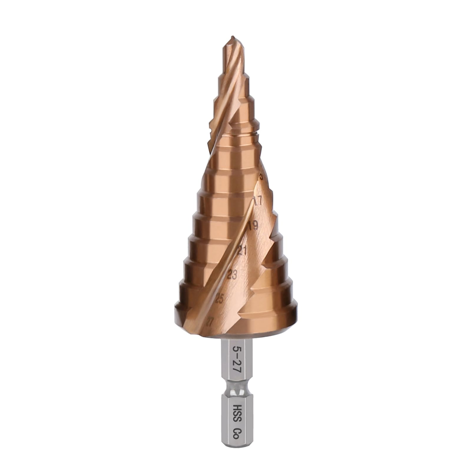 Broca escalonada de cobalto HSS M35 de 5-27mm, con mango hexagonal y filos en espiral para acero inoxidable, hierro, cobre y aluminio.