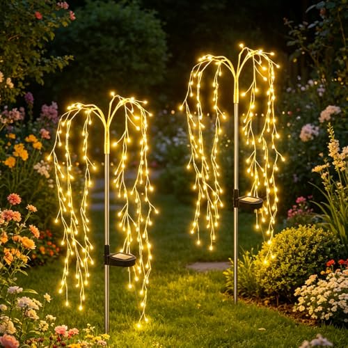 Image of 2Pcs Solar Willow Tree Outdoor Lights, 320 LEDs Solar Tree Lights Outdoor Garden, 8 Modes, Waterproof Copper Wire Fairy Starburst Solare Garden Decor Lights for Patio Yard Courtyard (Warm Yellow)