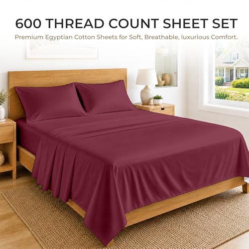 Image of SGI bedding 100% Egyptian Cotton Sheets Full XL Size - 600 Thread Count Sheets Set, Soft, Cooling, 15 inch Deep Pocket, Luxury Hotel Bedding, Breathable, Durable - Burgundy