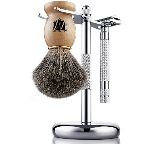 Miusco Natural Badger Hair Wet Shaving Brush And Shaving Stand Set, Chrome, Silver, Compatible With Safety Razor, Cartridge Razor And Disposable Razor #TOP2