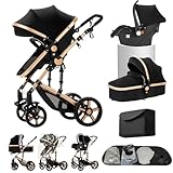 Carrito bebe 3 en 1, Capazo, Cochecito Deportivo y Silla de Coche, para Bebés de 0 a 36 Meses (Negro Oro)